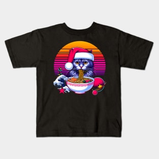 CHRISTMAS CAT EATING RAMEN WAVE JAPANESE Kids T-Shirt